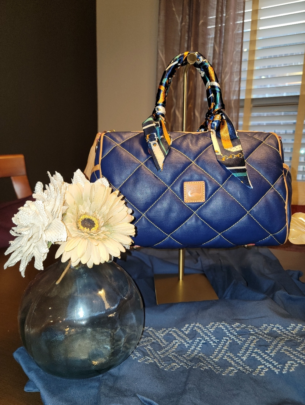 Dooney and Bourke Quilted Navy Satchel Handbag with Scarf-Wrapped Handles